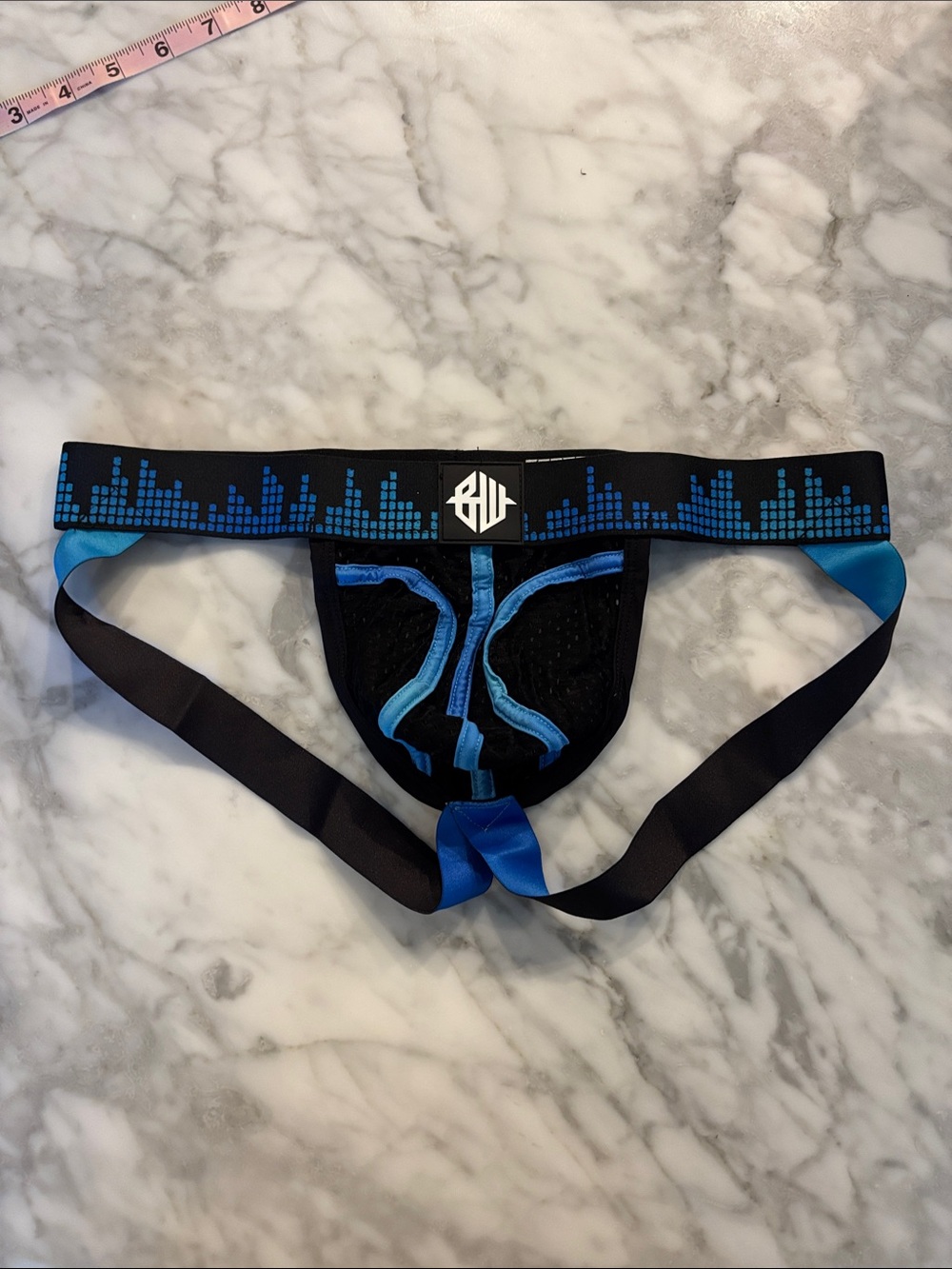 Men's Black & Blue Athletic Jockstrap with Graphic Waistband